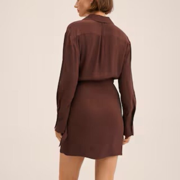 MNG Mango Bow Wrap Mini Dress 8 Long Sleeve Collared Shirt Style Brown - Picture 2 of 11